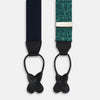 View 2 of product Turnbull & Asser's Kelly Green Paisley Adjustable Silk and Navy Leather Braces feature a bold paisley pattern, adjustable fit, and navy leather detailing. Shown flat on a white background—ideal for refined, elegant styling.