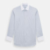 View 1 of product The Turnbull & Asser Navy and Blue Ticking Stripe Shirt features a contrast white collar and double cuffs, displayed on a plain white background. Tailored in the sleek Mayfair fit, it’s ideal for formal attire.