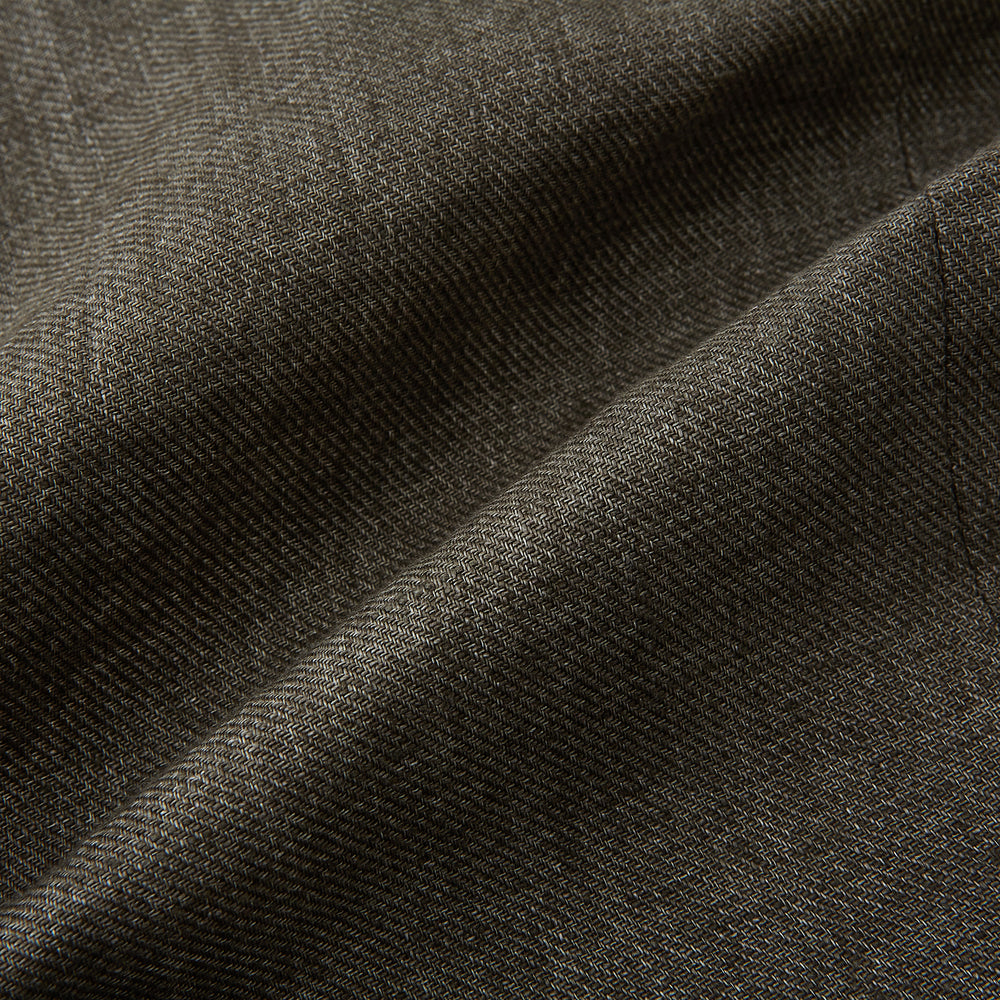 The Turnbull & Asser Olive Collared Linen Waistcoat is a sleeveless olive waistcoat with a collar, front buttons, one chest pocket, and two zippered side pockets, shown against a plain white background.