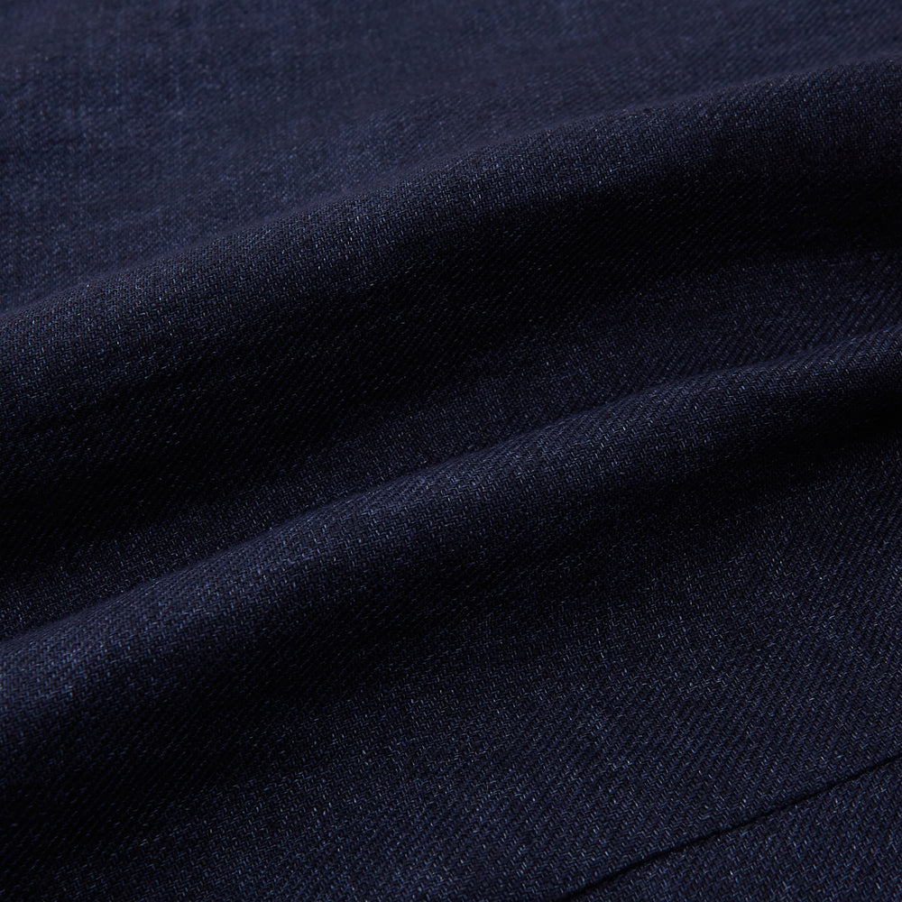 Turnbull & Asser Navy Collared Linen Waistcoat features a tailored fit, sleeveless design, button-up front, left chest pocket, and two zippered side pockets, shown against a plain white background.