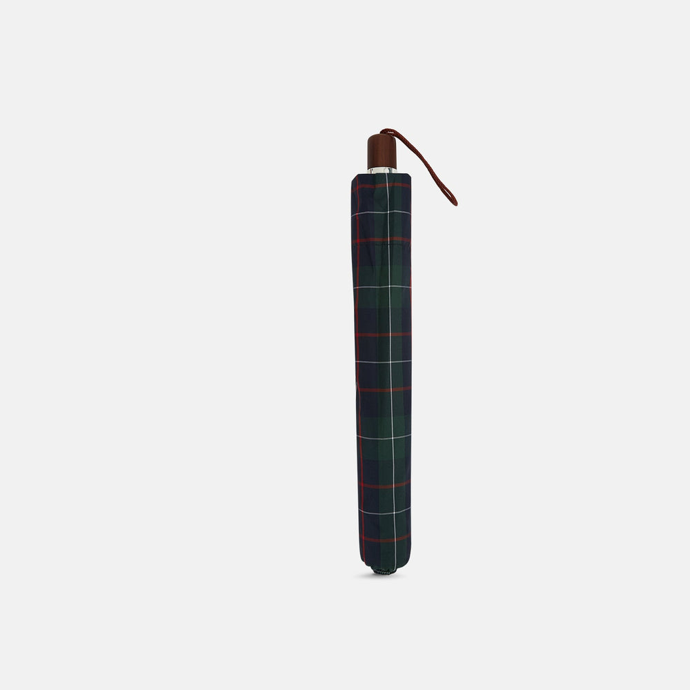 The Colquhoun Tartan Telescopic Umbrella by Turnbull & Asser features a green, blue, and red plaid canopy, silver metal shaft, and brown maple handle with wrist strap. Shown fully open against a plain white background.