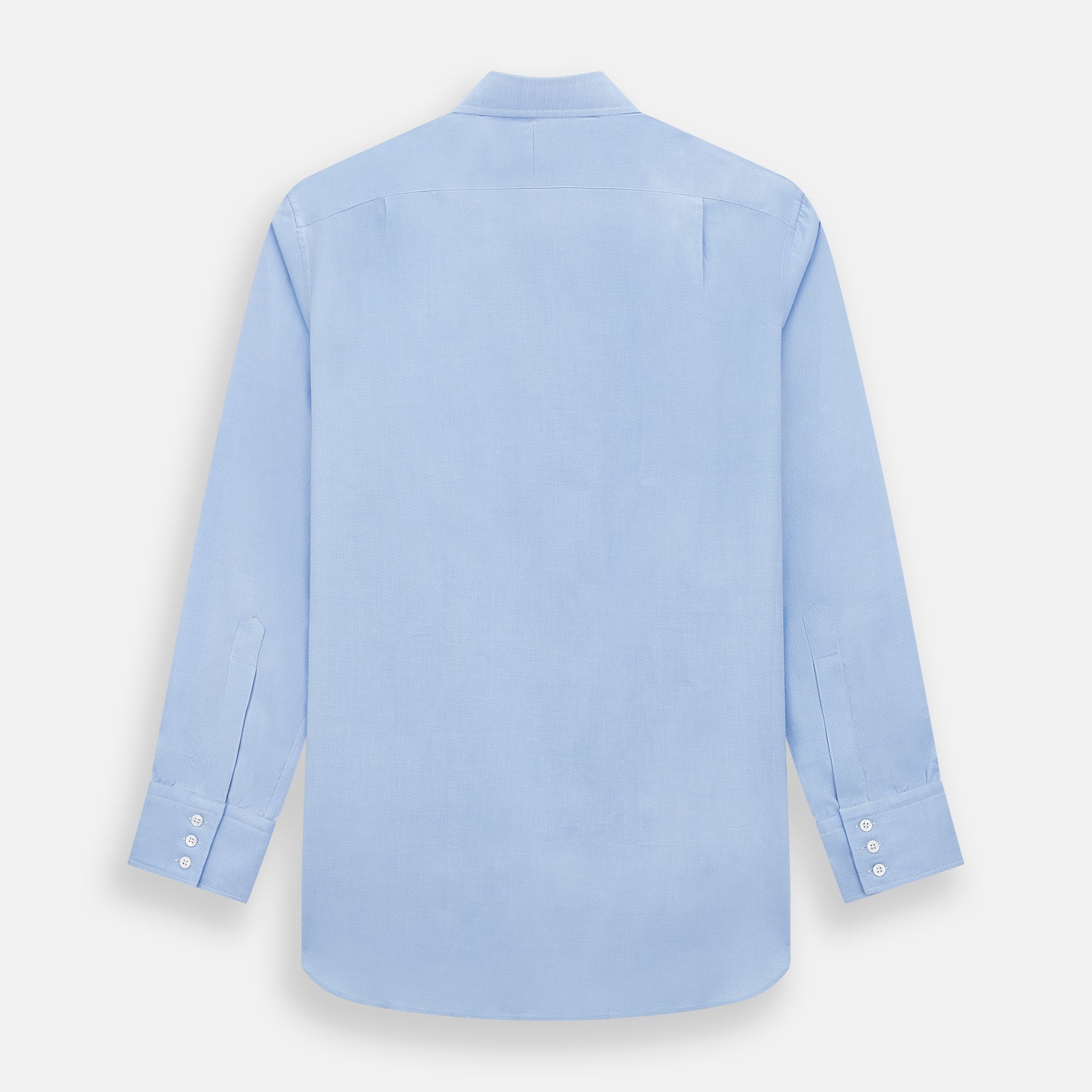 View 3 of product The Blue Herringbone Mayfair Shirt by Turnbull & Asser features light blue and white stripes, long sleeves, a classic collar, white buttons, and buttoned cuffs. Shown on a plain white background, it's perfect for formal occasions.