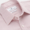 View 3 of product The Turnbull & Asser Burgundy Stripe West Indian Sea Island Cotton Regular Fit Mayfair Shirt features thin vertical red and white stripes, a classic collar, and long sleeves, shown on a plain white background.