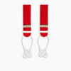 View 3 of product Turnbull & Asser’s Red Adjustable Felt Braces, crafted in England from traditional boxcloth, feature white leather loop ends and silver metal adjusters. The braces are laid flat on a white background.
