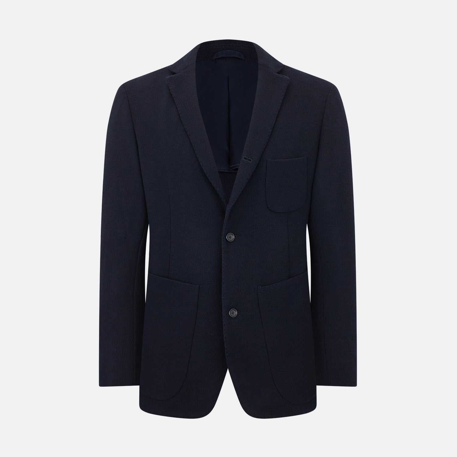 Image 1 of product The Navy Knitted Oxford Blazer by Turnbull & Asser features notch lapels, two front buttons, a chest pocket, and two lower patch pockets, shown against a plain white background.