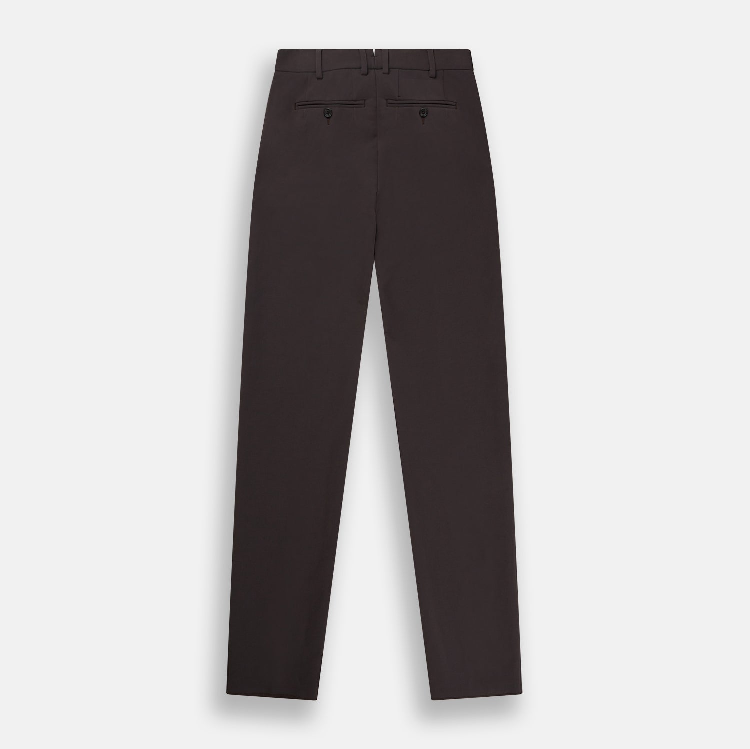 View 3 of product The Turnbull & Asser Brown James Trouser in a straight fit features Italian cotton, belt loops, side pockets, and a front zipper with button closure, displayed on a plain white background.