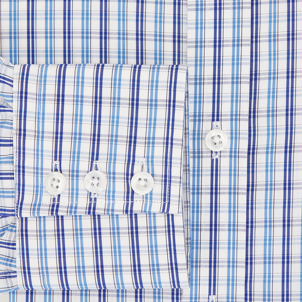 The Turnbull & Asser Blue and Navy Multi Check Mayfair Shirt, made from fine Italian cotton with long sleeves, a button-up front, and a classic collar, is shown against a white background.