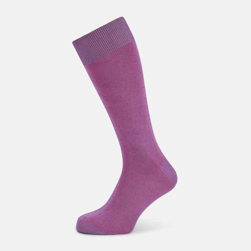 A single Turnbull & Asser Dark Pink/Red Polka Dot Mid-Length Sock featuring a ribbed cuff, displayed on a white background.