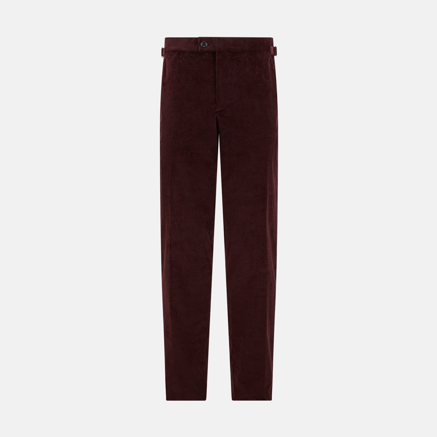 View 1 of product The Turnbull & Asser Burgundy Corduroy Henry Trousers feature a straight-leg cut, button and zip closure, and adjustable side tabs—perfect for refined formalwear—shown here on a plain white background.