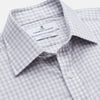 View 2 of product The Grey Check Cotton Melange Regular Fit Mayfair Shirt by Turnbull & Asser features a light gray and white small checkered pattern, a collar, and front buttons, shown against a white background.