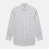 View 1 of product The Navy Music Stripe Mayfair Shirt by Turnbull & Asser features thin vertical blue and white stripes, a classic T&A collar, and long sleeves, shown on a plain white background.