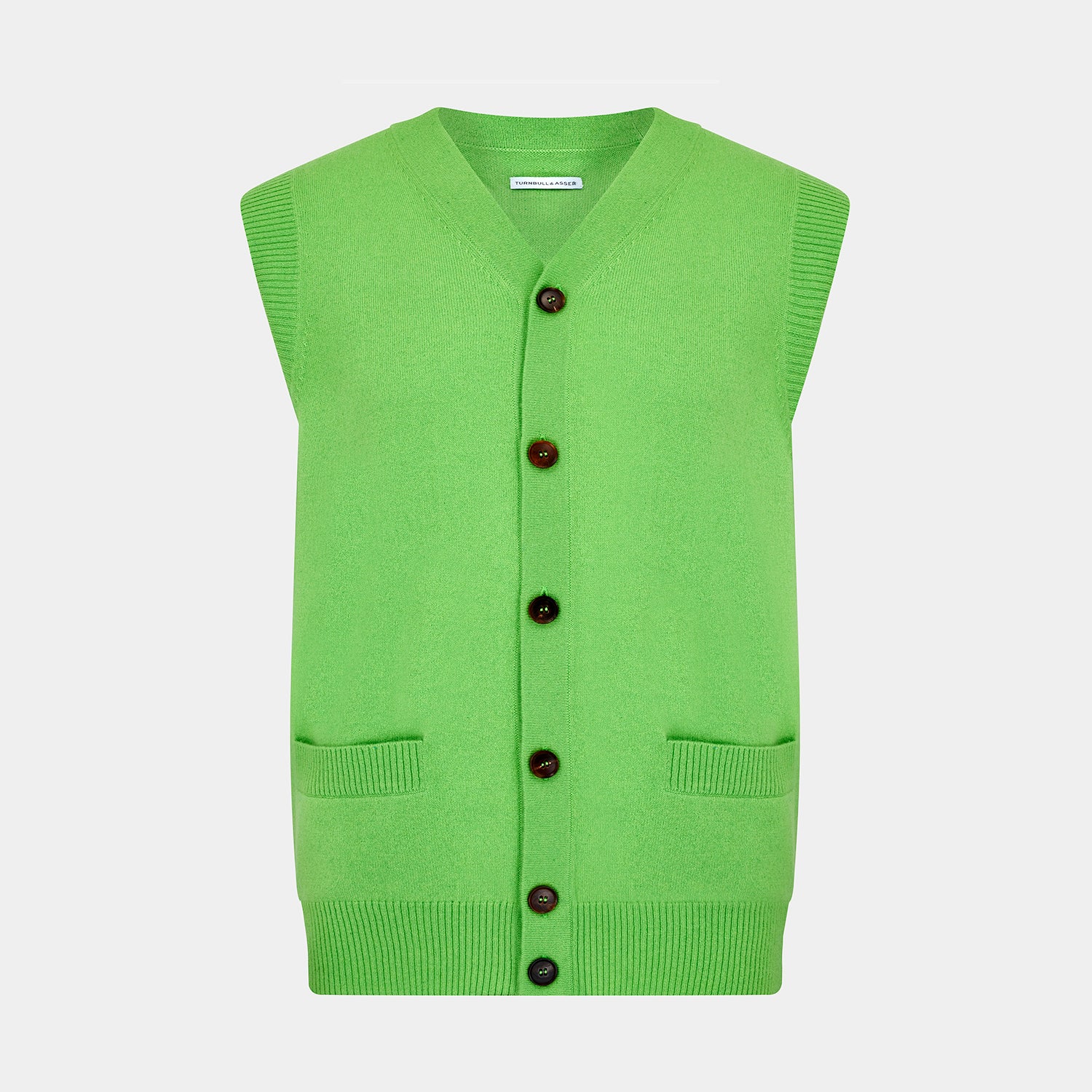 View 1 of product The Turnbull & Asser Lime Green Fine Merino V-Neck Sleeveless Cardigan features dark buttons, two front pockets, and a sophisticated look, all set against a plain white background.