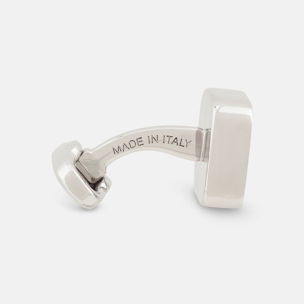 Turnbull & Asser Mother of Pearl Square Cufflinks feature sterling silver-toned frames with white, iridescent mother of pearl inlays, shown against a plain white background.