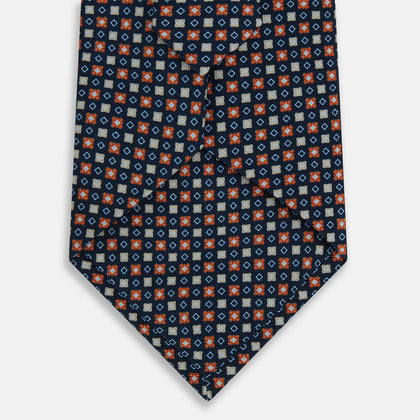 Navy and Orange Geometric Motif Silk Tie Image 2