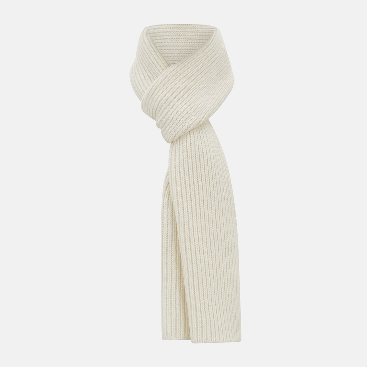 Image 1 of product The Turnbull & Asser Ivory Rib-Knit Cashmere Scarf is tied in a simple loop, showing off its textured finish against a plain white background.