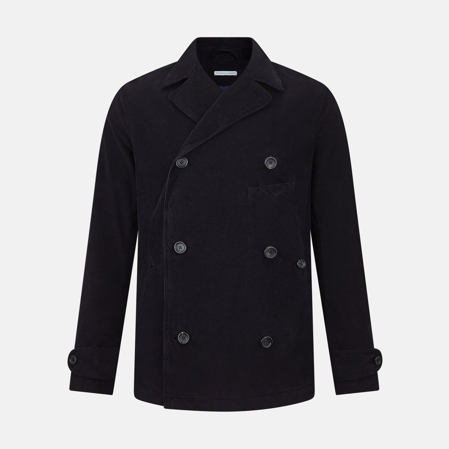 View 1 of product The Navy Kingston Corduroy Caban Jacket by Turnbull & Asser features six front buttons, a notched collar, chest pocket, and buttoned cuffs, showcased against a plain white background.