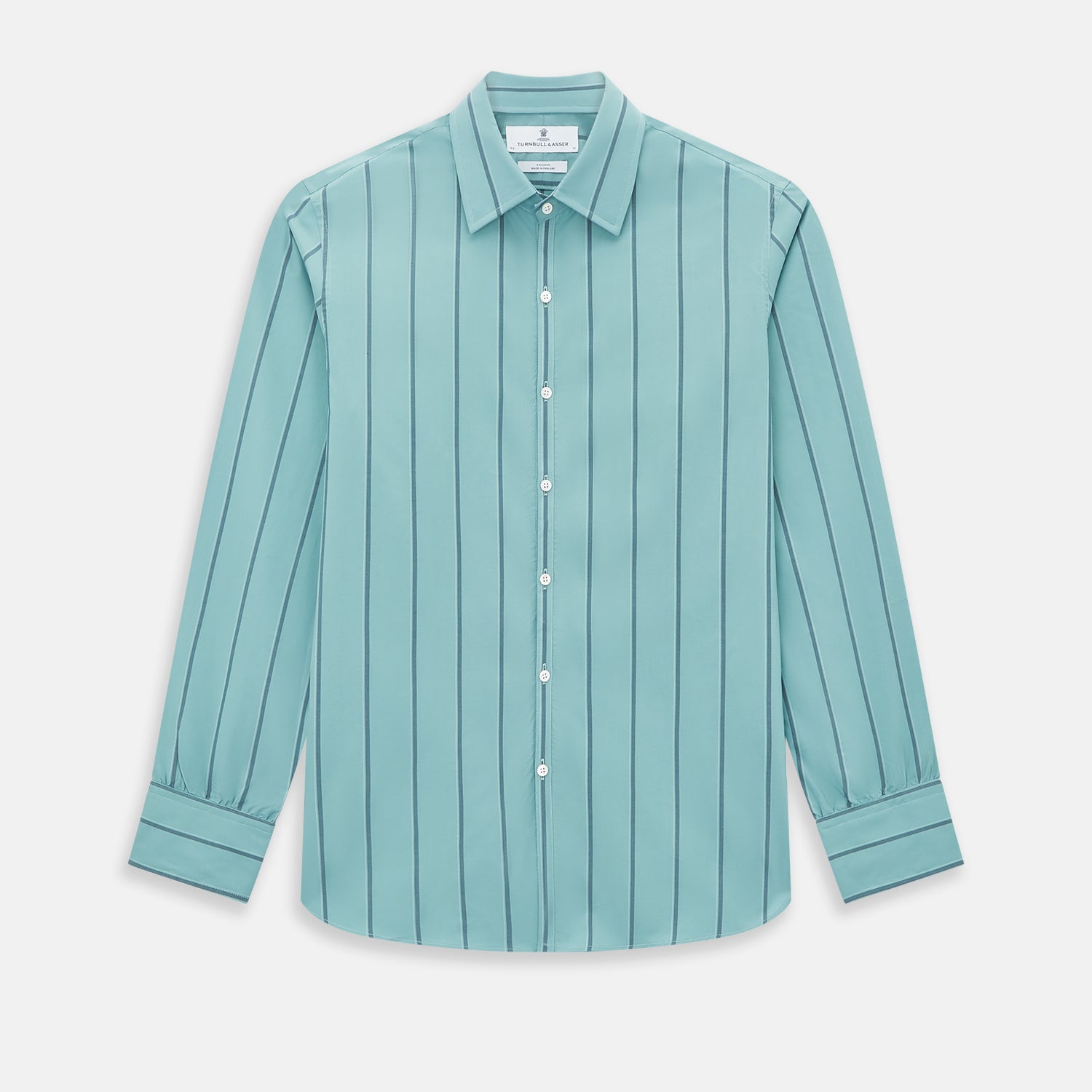 Image 1 of product The Turnbull & Asser Sage Track Stripe Westminster Shirt features long sleeves, a tailored fit, a collar, and vertical dark blue stripes, with button closures down the front and at the cuffs, shown laid flat on a white background.