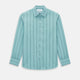 The Turnbull & Asser Sage Track Stripe Westminster Shirt features long sleeves, a tailored fit, a collar, and vertical dark blue stripes, with button closures down the front and at the cuffs, shown laid flat on a white background.