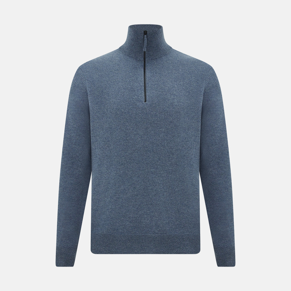 The Blue Melange Half-Zip Cashmere Jumper by Turnbull & Asser features a high collar, ribbed cuffs and hem, and long sleeves. This pullover sweater is shown against a plain white background.