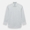 View 1 of product The Navy and Brown Pinstripe Mayfair Shirt by Turnbull & Asser, crafted from Italian cotton with long sleeves, a collar, and buttoned cuffs, is displayed on a plain white background.