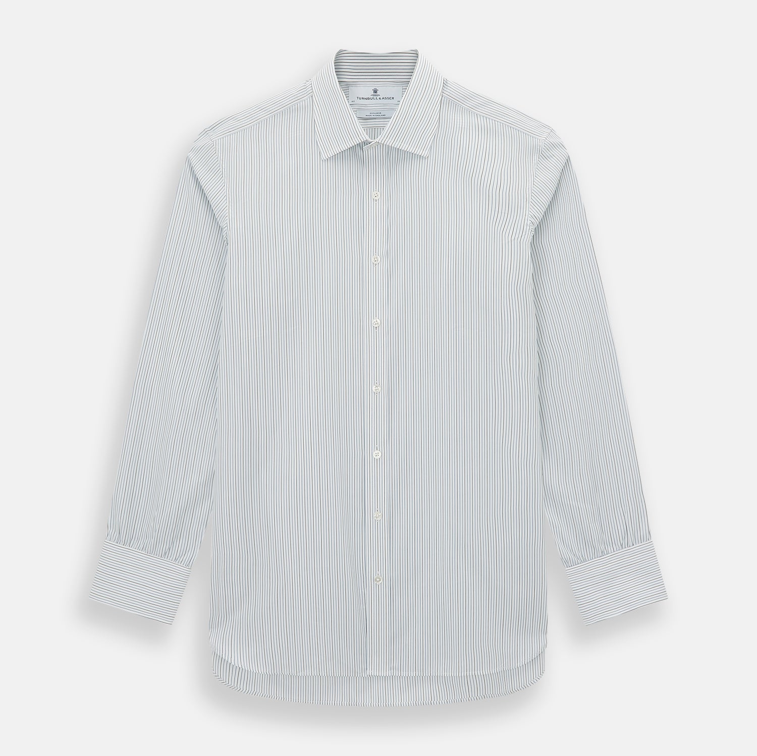 View 1 of product The Navy and Brown Pinstripe Mayfair Shirt by Turnbull & Asser, crafted from Italian cotton with long sleeves, a collar, and buttoned cuffs, is displayed on a plain white background.