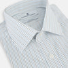 View 2 of product The Navy and Brown Pinstripe Mayfair Shirt by Turnbull & Asser, crafted from Italian cotton with long sleeves, a collar, and buttoned cuffs, is displayed on a plain white background.