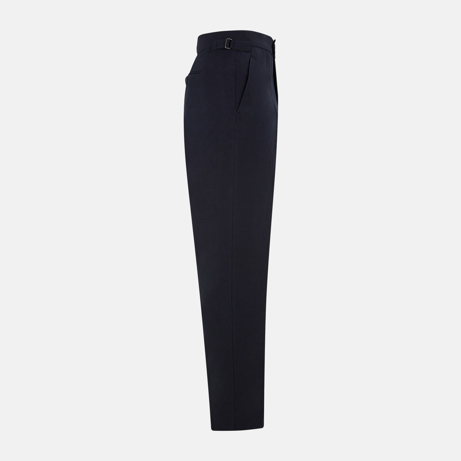 View 4 of product Turnbull & Asser Navy Linen Henry Trousers feature a button closure and pressed front creases, ideal as formal navy trousers, and are shown against a plain white background.