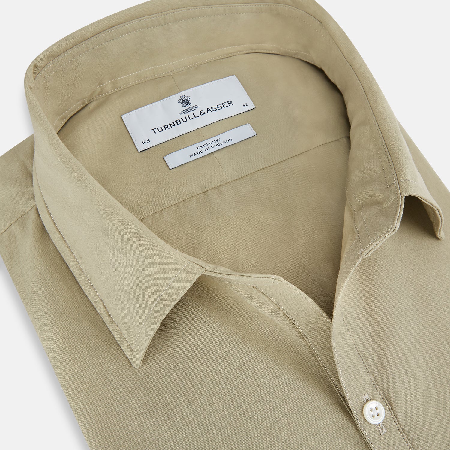 View 2 of product The TAUPE WINDSOR SHIRT by Turnbull & Asser features a Windsor collar and buttoned cuffs. This long-sleeve shirt showcases refined British design and is displayed flat on a white background.