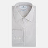 View 5 of product The Coffee and Grey Shadow Pinstripe Westminster Shirt by Turnbull & Asser features thin white and gray stripes, a long sleeve, button-down style, and signature collar, all reflecting classic British craftsmanship.