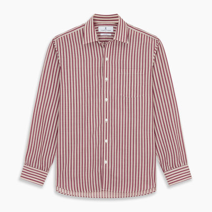 Burgundy Multi Stripe Weekend Fit Wool Shirt with Derby Collar and 1 Button Cuffs Image 5