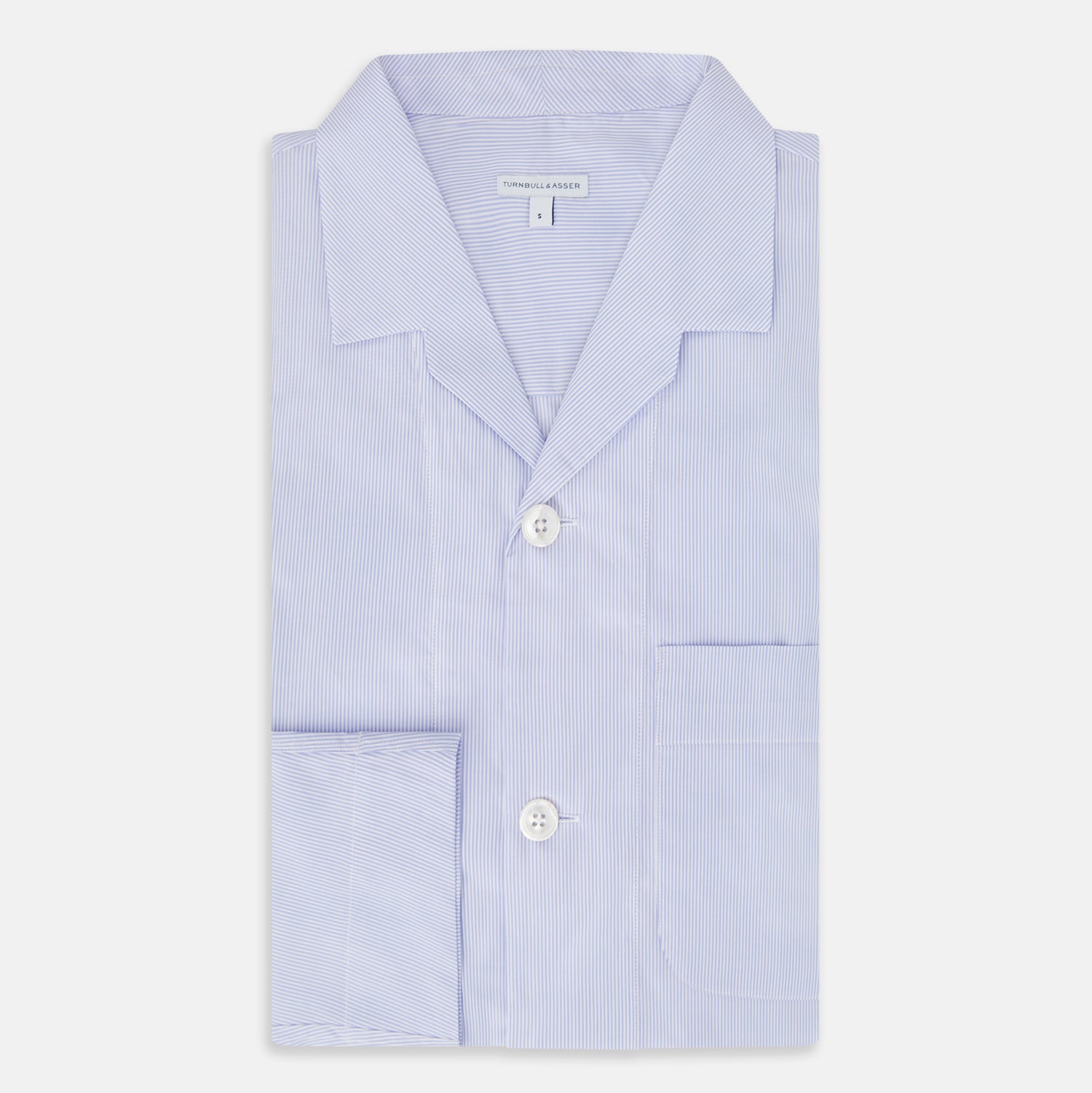 View 5 of product The Turnbull & Asser Pale Blue Hairline Stripe Pyjama Shirt features long sleeves and a single chest pocket, offering an elegant sleepwear style—shown on a plain white background.