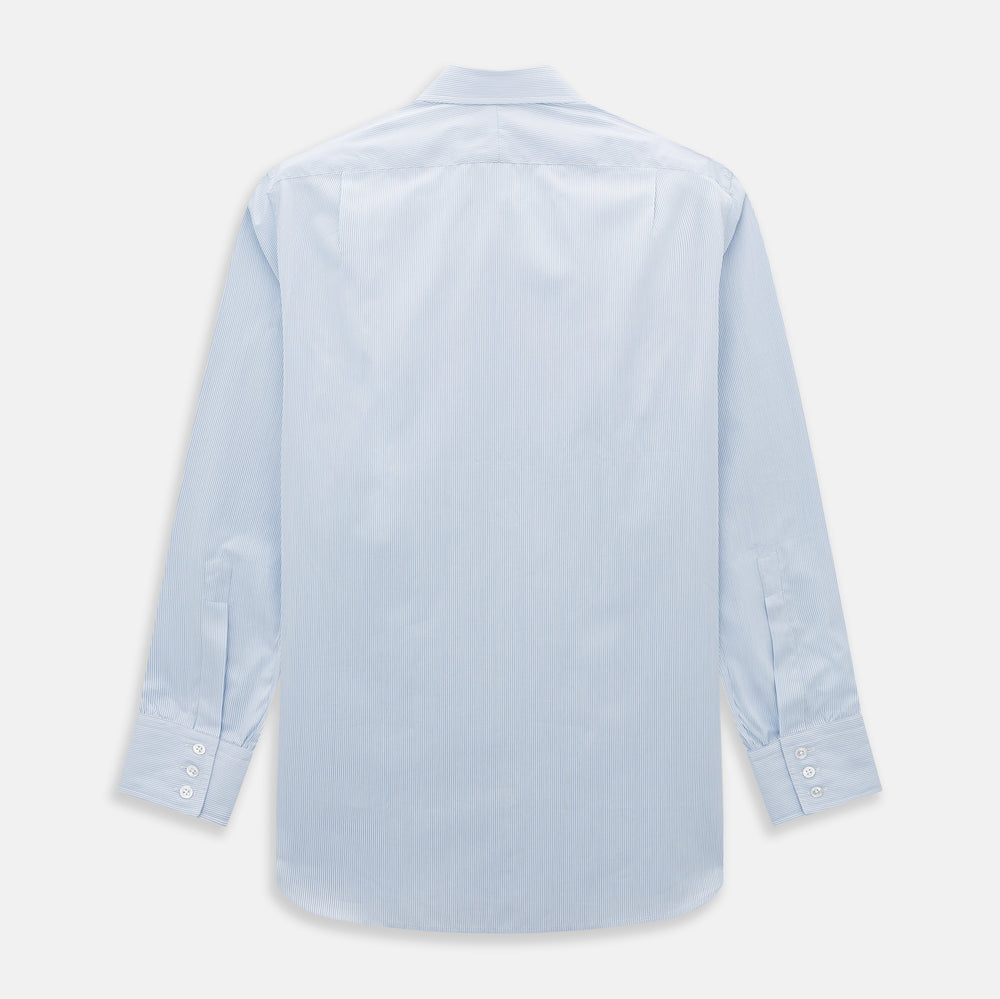 The Sky Blue Hairline Multi Stripe Mayfair Shirt by Turnbull & Asser, made from Italian cotton with a classic collar, white buttons, and buttoned cuffs, is displayed on a plain white background—an essential for any gentleman.