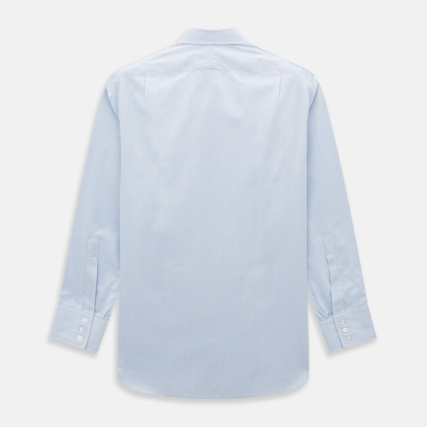 View 3 of product The Sky Blue Hairline Multi Stripe Mayfair Shirt by Turnbull & Asser, made from Italian cotton with a classic collar, white buttons, and buttoned cuffs, is displayed on a plain white background—an essential for any gentleman.