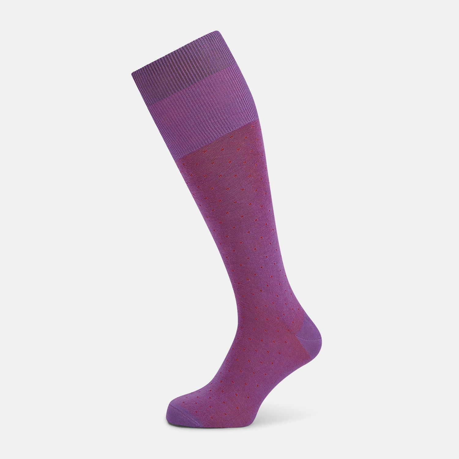 View 1 of product A single Pink/Red Polka Dot Long Sock by Turnbull & Asser, featuring a ribbed cuff and subtle red polka dots, is displayed against a plain white background.
