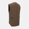 View 4 of product The Turnbull & Asser Pine Cone Quilted Linen Herringbone Waistcoat features a brown, sleeveless design with dark buttons, two angled side pockets, and a chest pocket, shown on a plain white background.