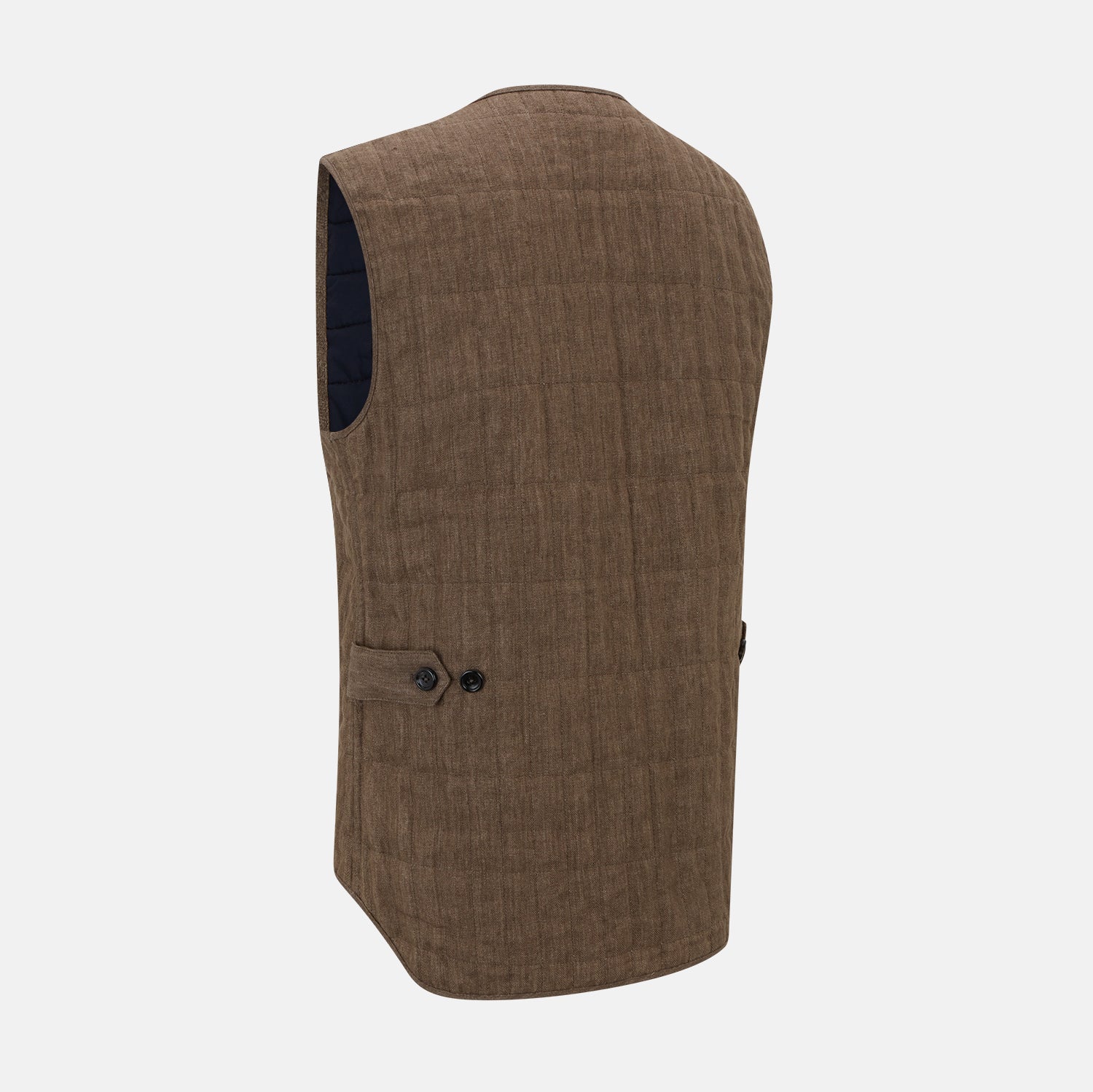 View 4 of product The Turnbull & Asser Pine Cone Quilted Linen Herringbone Waistcoat features a brown, sleeveless design with dark buttons, two angled side pockets, and a chest pocket, shown on a plain white background.