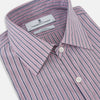 View 2 of product The Turnbull & Asser Antique Pink Ticking Stripe Westminster Shirt is a collared, long-sleeve button-up with thin vertical pink stripes on white, highlighting British craftsmanship. It’s shown neatly laid flat and fully buttoned.