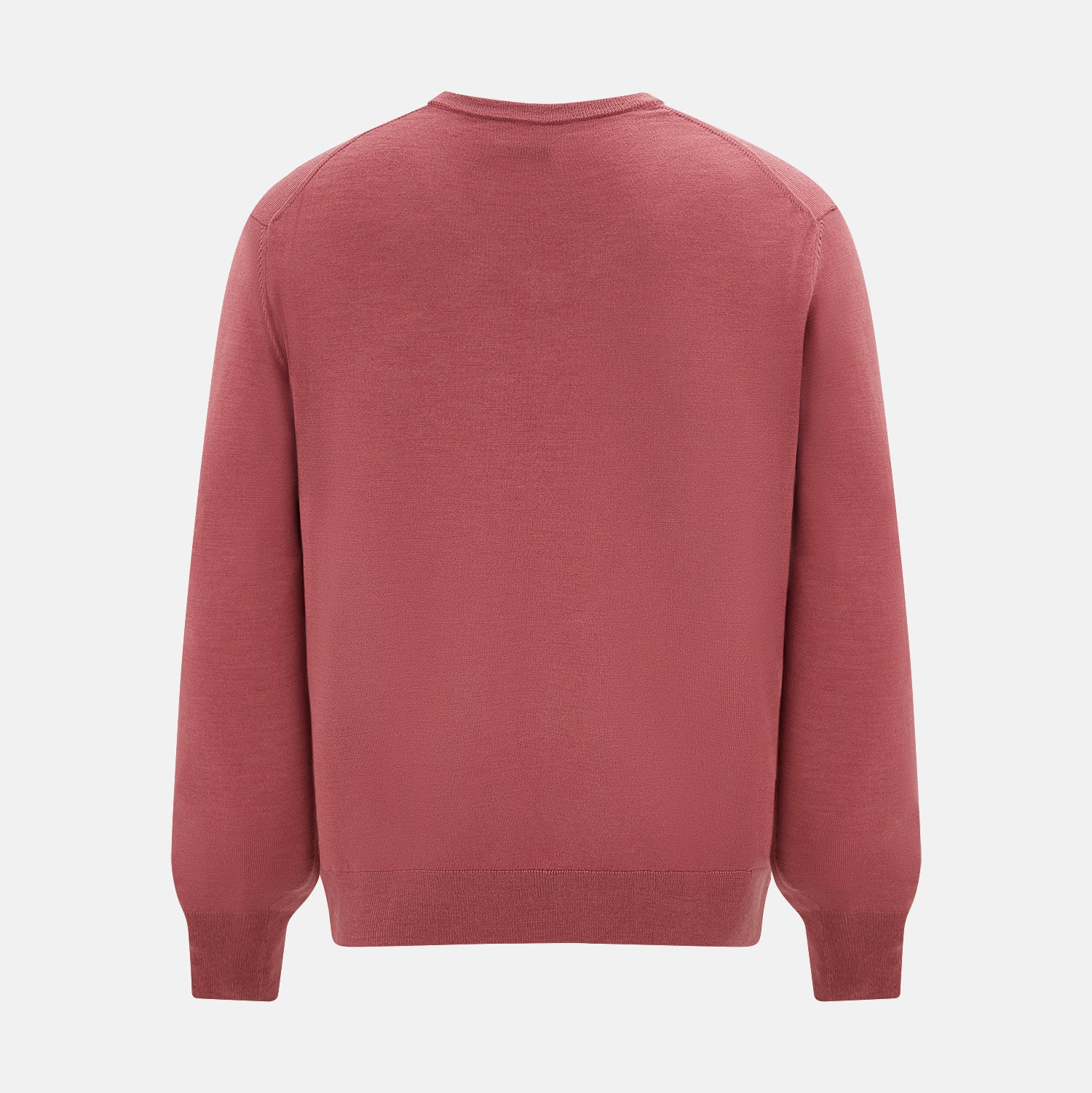 View 3 of product The Turnbull & Asser Antique Pink Merino V-Neck Jumper features ribbed cuffs, hem, and neckline in a soft antique pink, shown on a plain white background. Part of our knitwear collection.