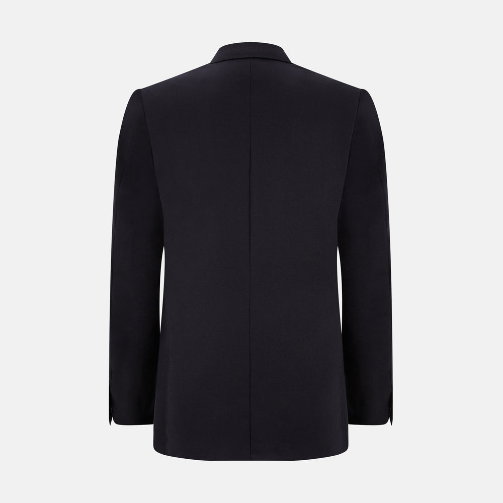 The Turnbull & Asser Short Navy Single Breasted Suit is shown flat on a white background, with a notch lapel jacket featuring two front pockets and matching trousers neatly folded underneath.
