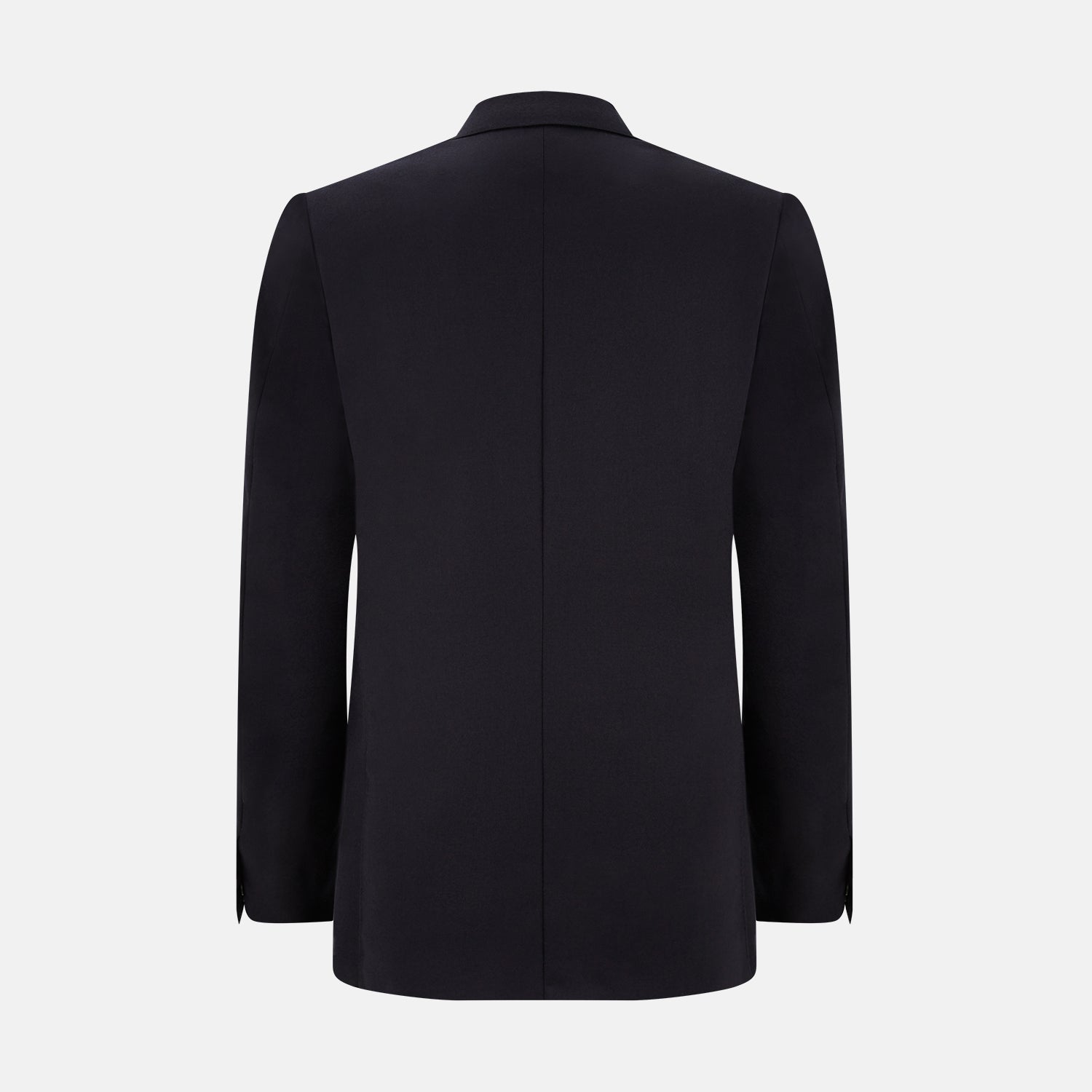 View 5 of product The Turnbull & Asser Short Navy Single Breasted Suit is shown flat on a white background, with a notch lapel jacket featuring two front pockets and matching trousers neatly folded underneath.