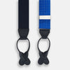View 2 of product Turnbull & Asser Pale Blue & White Small Spot Adjustable Silk and Navy Leather Braces, arranged in an M shape on a white background—a stylish, refined accessory for any formal wardrobe.