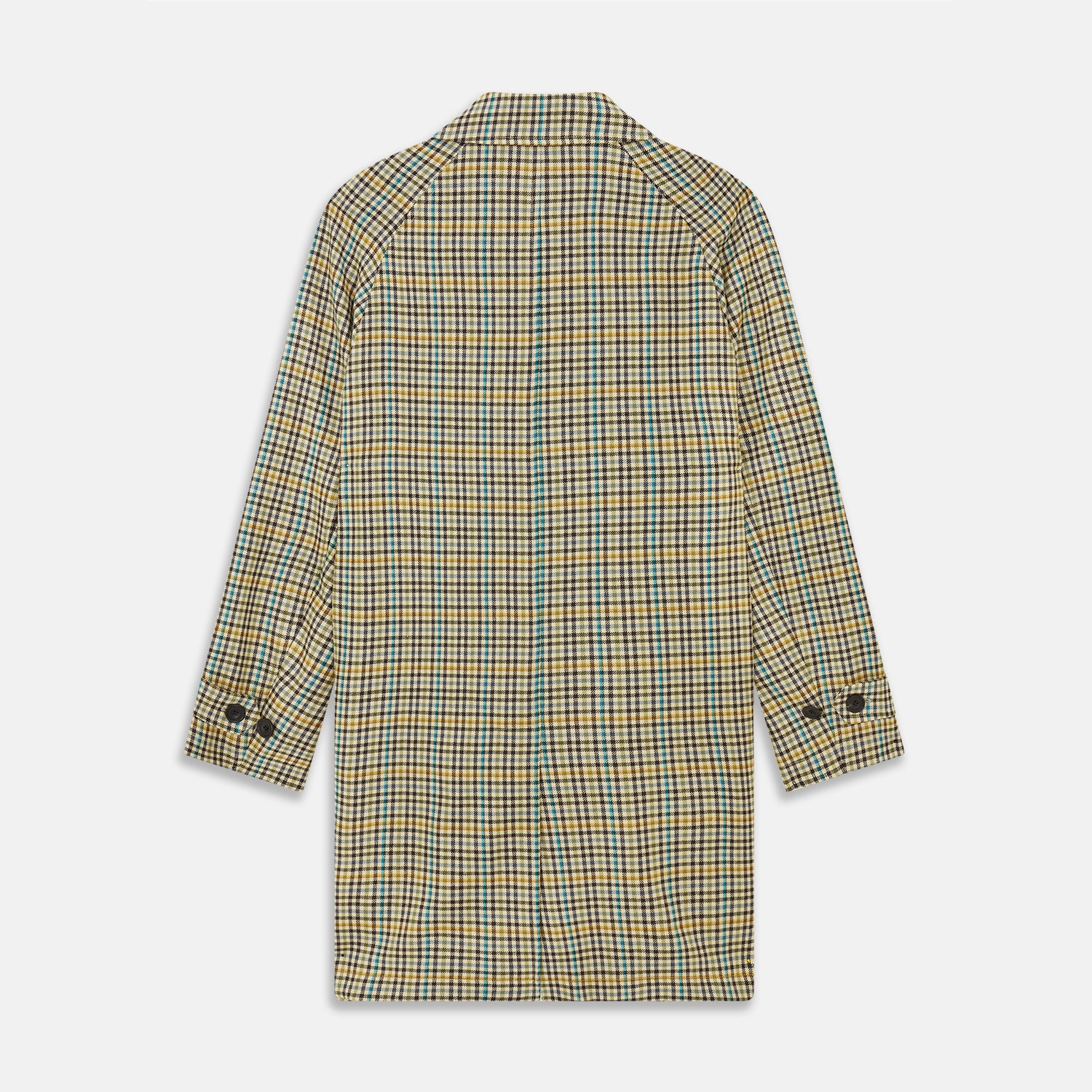 View 4 of product The Turnbull & Asser Green and Blue Multi Check Wool Elliot Coat is a men’s knee-length, long-sleeved overcoat with a collar and button-up front, crafted from Scottish wool in a check plaid pattern, shown on a white background.