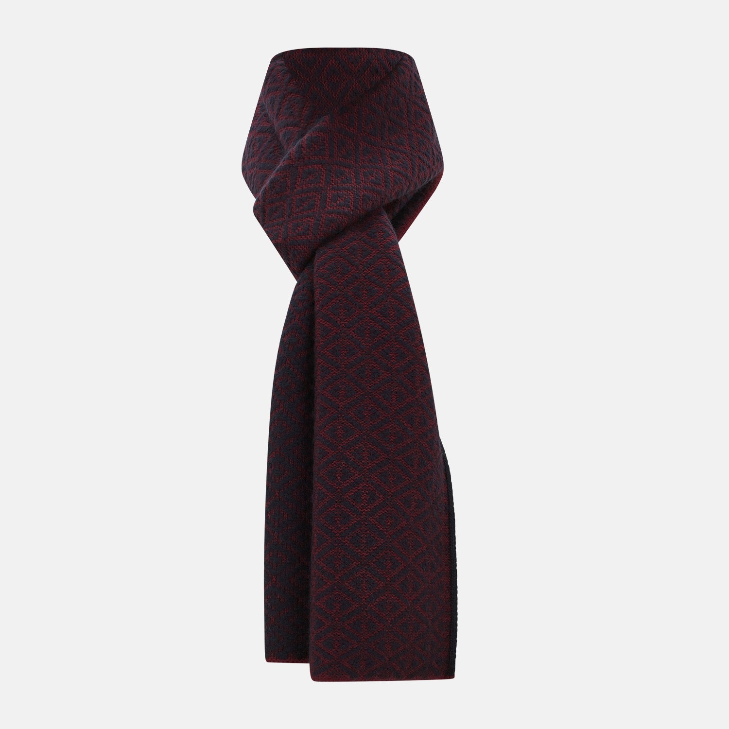 Image 1 of product The Turnbull & Asser Navy and Burgundy Diamond-Patterned Cashmere Knitted Scarf, displayed upright on a plain white background, exudes sumptuous softness.