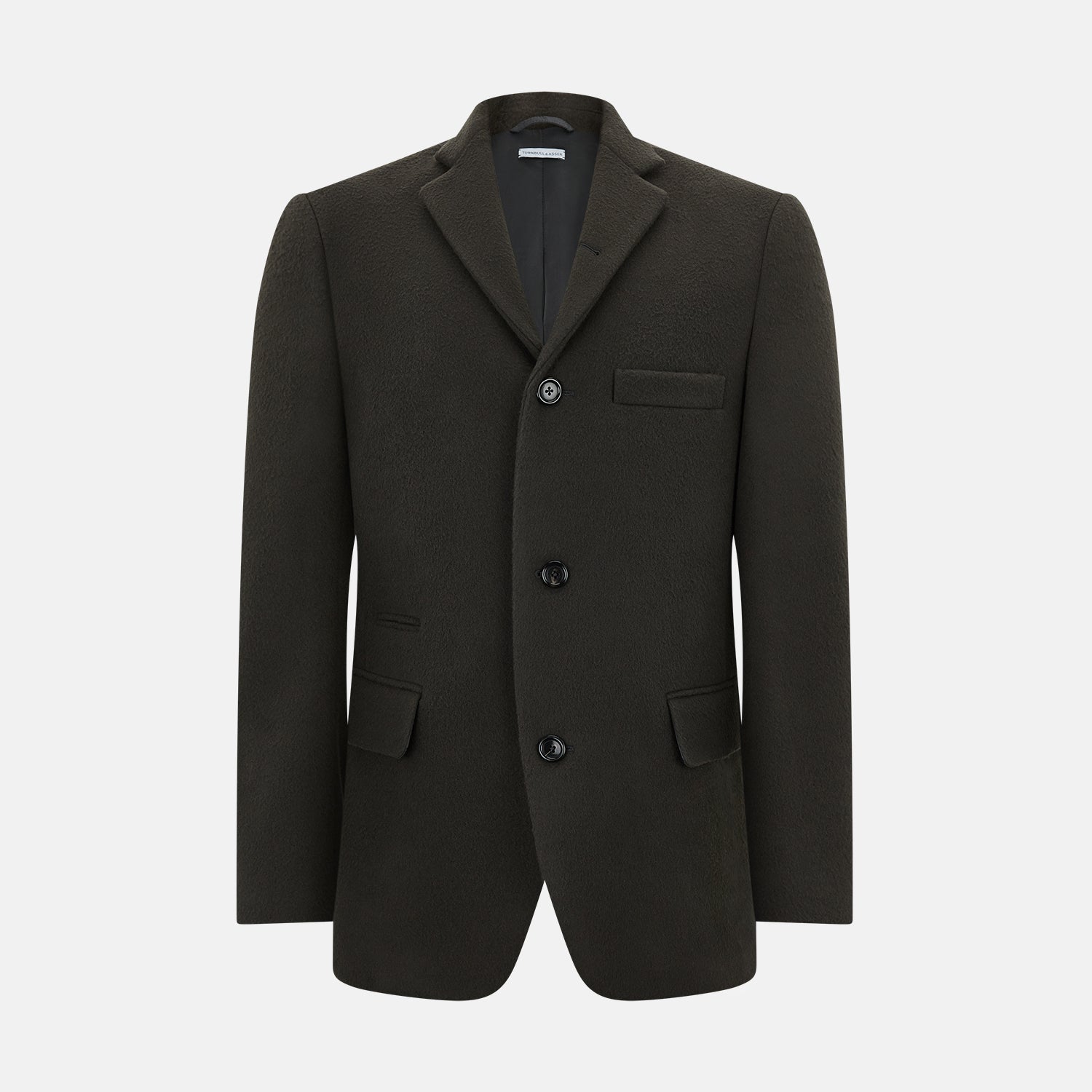 View 1 of product The Turnbull & Asser Olive Brown Apsley Single-Breasted Caban Coat for men features three buttons, notched lapels, and three front pockets, shown against a plain white background.