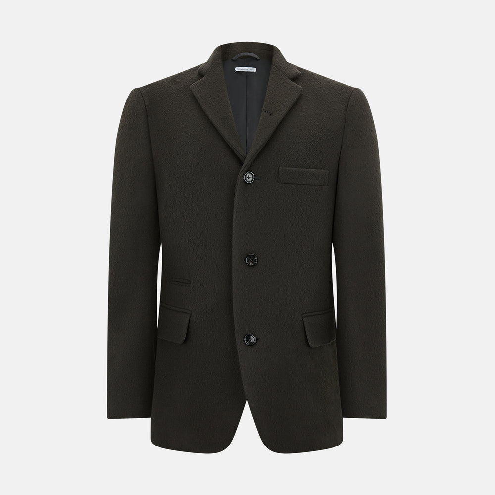 The Turnbull & Asser Olive Brown Apsley Single-Breasted Caban Coat for men features three buttons, notched lapels, and three front pockets, shown against a plain white background.