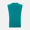 View 3 of product The Turnbull & Asser Turquoise Cashmere V-Neck Vest features ribbed detailing at the neck, armholes, and hem. Shown on a white background, its soft cashmere fabric brings refined charm to any distinguished look.