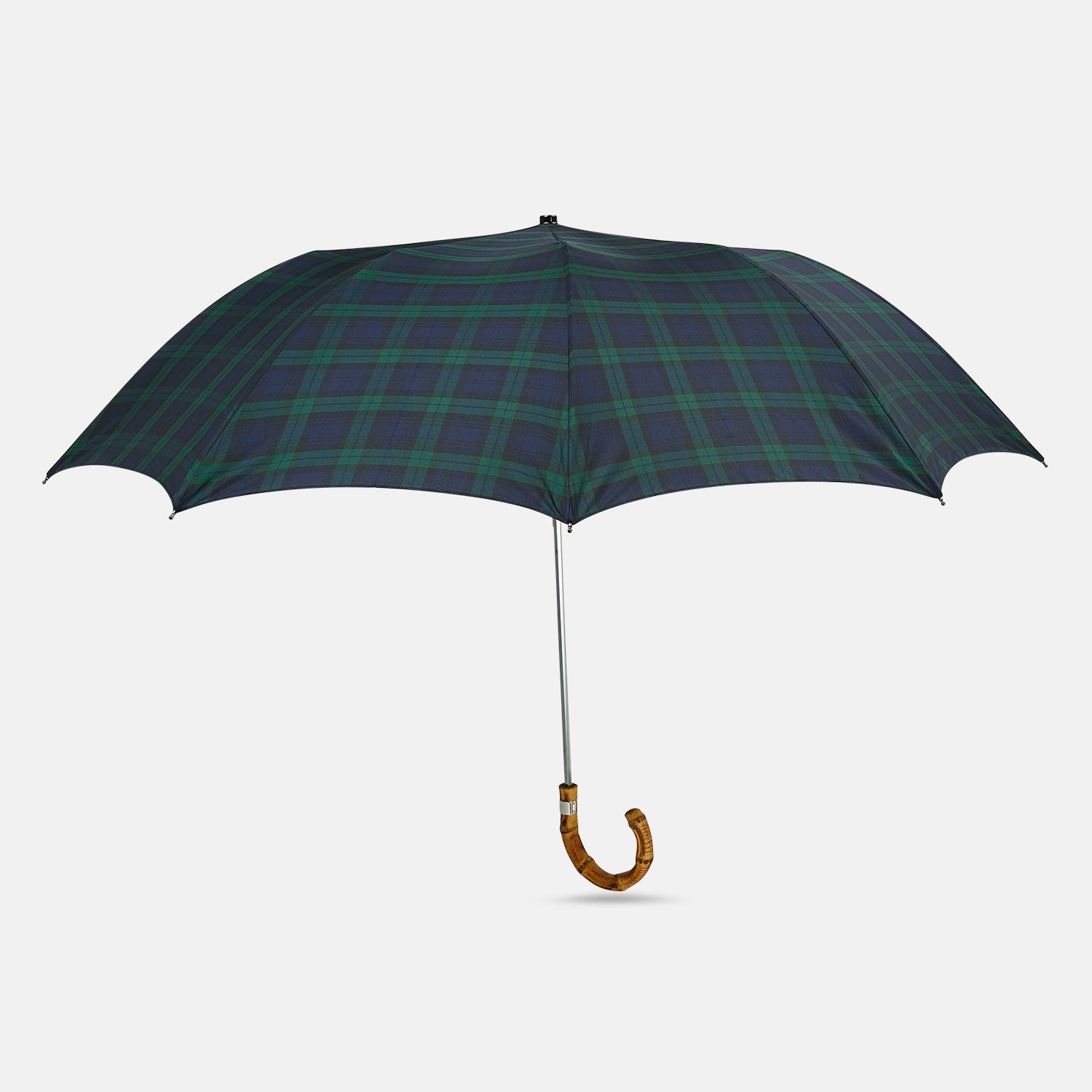 View 1 of product The Turnbull & Asser Black Watch Tartan Telescopic Umbrella features a classic dark green and blue plaid design with a whangee crook handle, highlighting the brand’s renowned craftsmanship against a plain white background.