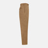 View 4 of product The Turnbull & Asser Camel Striped Linen Edmund trousers feature a straight-leg fit, button and zipper closure, belt loops, and pockets, crafted from lightweight summer fabric and shown against a white background.