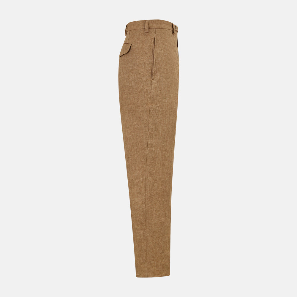 The Turnbull & Asser Camel Striped Linen Edmund trousers feature a straight-leg fit, button and zipper closure, belt loops, and pockets, crafted from lightweight summer fabric and shown against a white background.