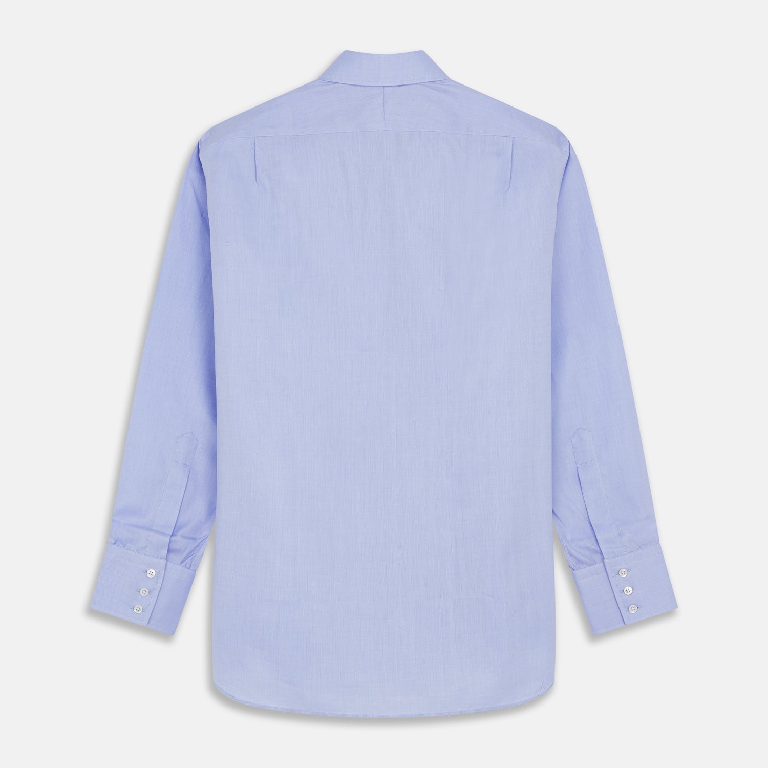View 5 of product The Turnbull & Asser Blue Herringbone Regular Fit Shirt features a classic Kent collar, long sleeves, white buttons, and buttoned cuffs. Displayed on a white background, it's the perfect formal shirt for any occasion.